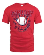 Game Day Baseball Glove and Ball Graphic T-Shirt - red t-shirt on white background