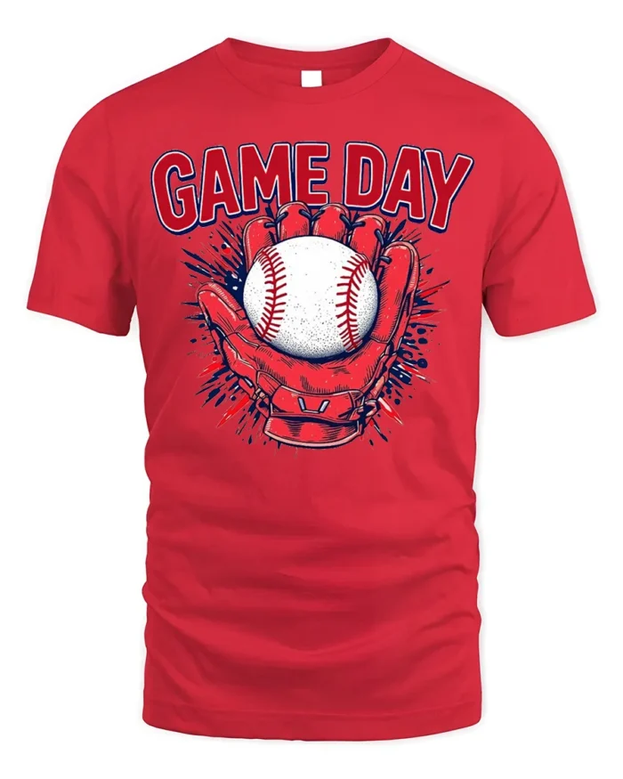 Game Day Baseball Glove and Ball Graphic T-Shirt - red t-shirt on white background