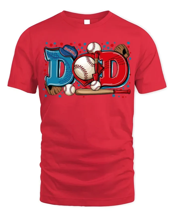 Baseball Dad Sports Glove and Bat Graphic T-Shirt - red t-shirt on white background