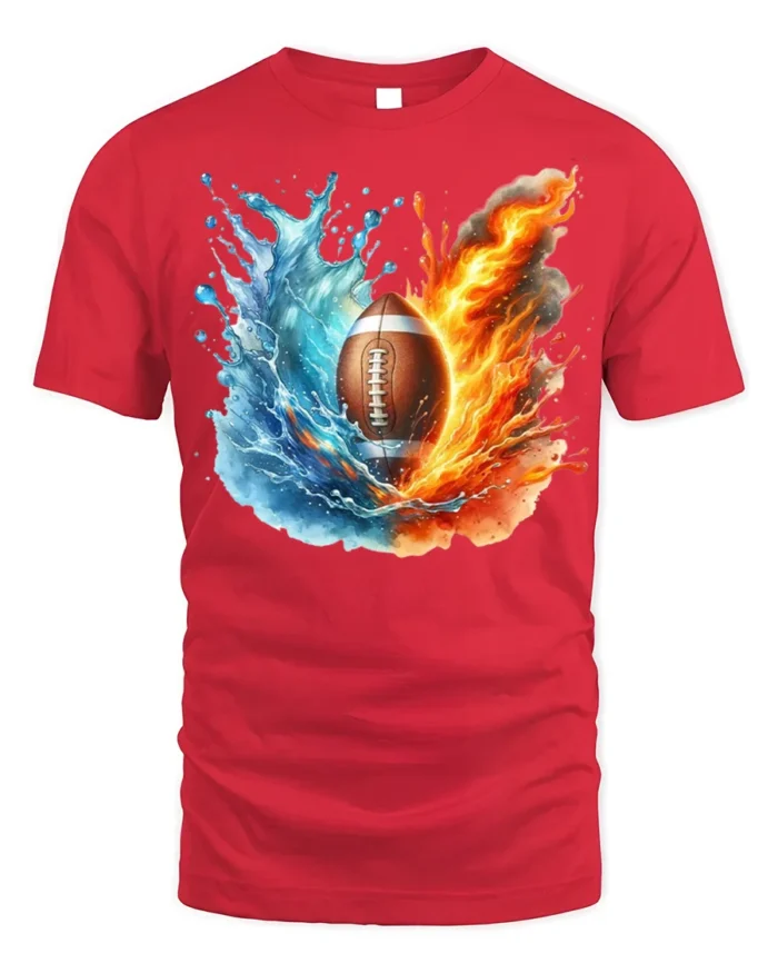 Fire and Water Football Splash Art Graphic T-Shirt - red t-shirt on white background