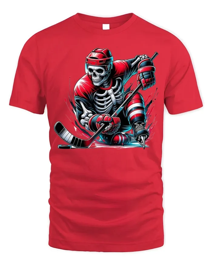 Skeleton Hockey Player Red Uniform Graphic T-Shirt - red t-shirt on white background
