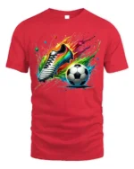 Colorful Soccer Shoe and Ball Splash Graphic T-Shirt - red t-shirt on white background