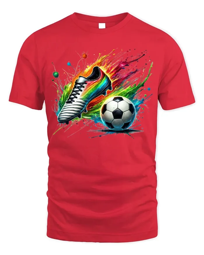 Colorful Soccer Shoe and Ball Splash Graphic T-Shirt - red t-shirt on white background