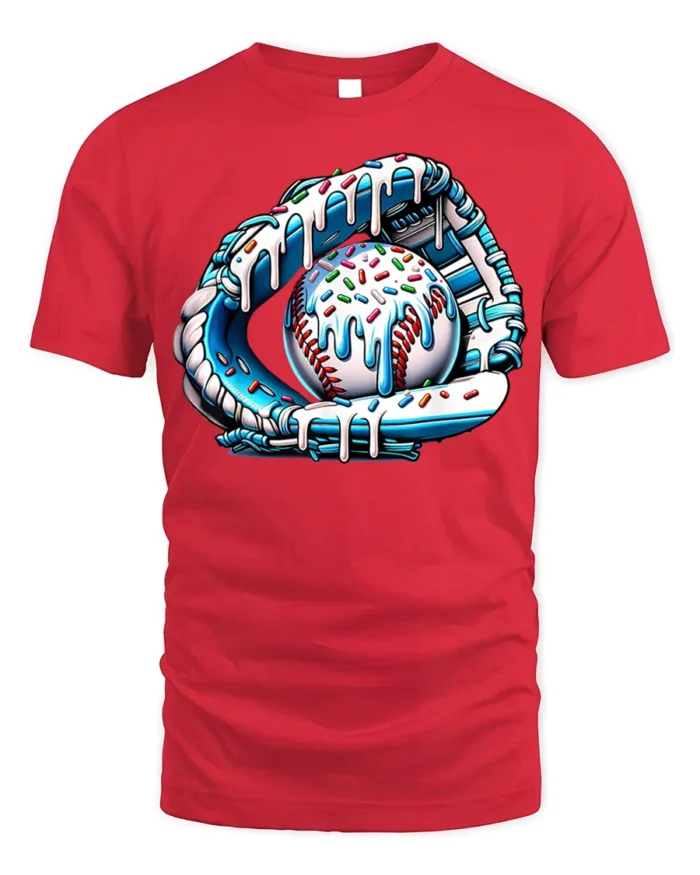 Ice Cream Baseball Glove and Ball Funny T-Shirt - red t-shirt on white background