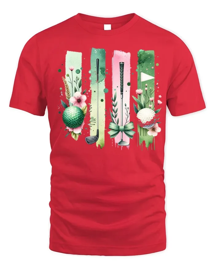 Floral Golf Ball and Club Art Graphic T-Shirt - red t-shirt on white background