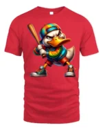 Cool Cartoon Duck Baseball Bat Graphic T-Shirt - red t-shirt on white background