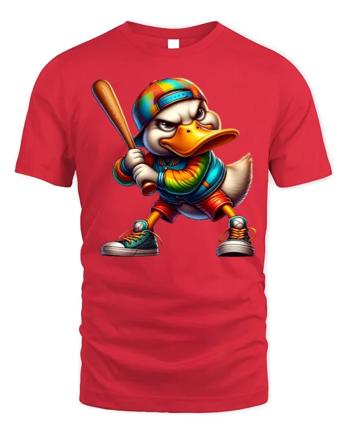 Cool Cartoon Duck Baseball Bat Graphic T-Shirt - red t-shirt on white background