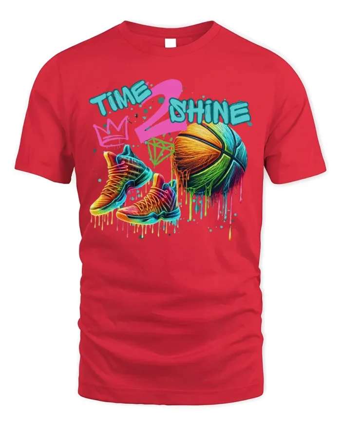 Colorful Basketball Shoes and Ball Graphic T-Shirt - red t-shirt on white background