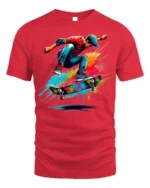 Colorful Skateboard Trick Splash Art Graphic T-Shirt - red t-shirt on white background