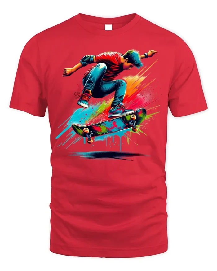 Colorful Skateboard Trick Splash Art Graphic T-Shirt - red t-shirt on white background