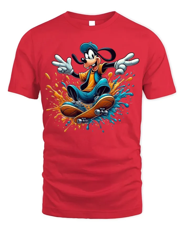 Cool Cartoon Dog Skateboard Splash Graphic T-Shirt - red t-shirt on white background