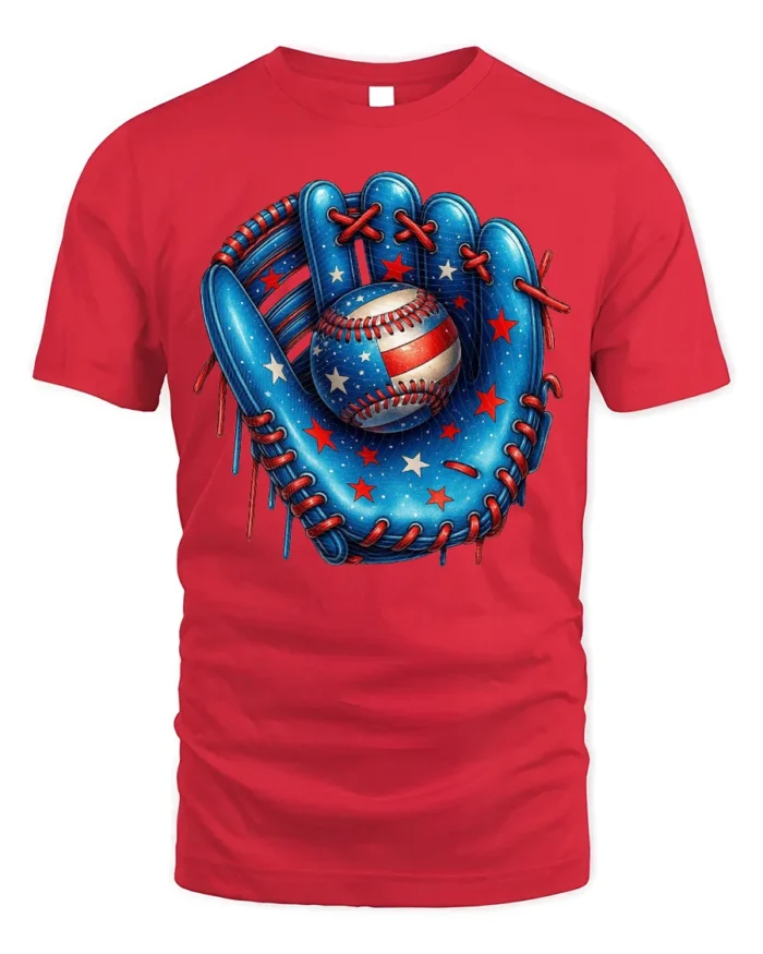 Patriotic Baseball Glove and Ball Graphic T-Shirt - red t-shirt on white background
