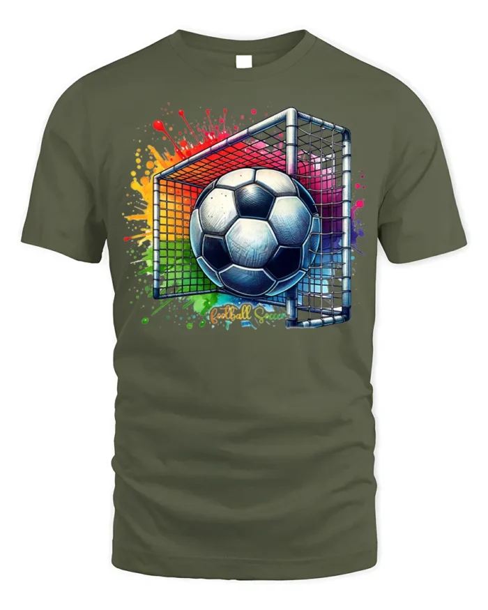 Colorful Soccer Goal Graphic T-Shirt for Fans - military green t-shirt on white background