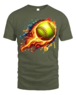 Flaming Softball Splash Art Sports Graphic T-Shirt - military green t-shirt on white background