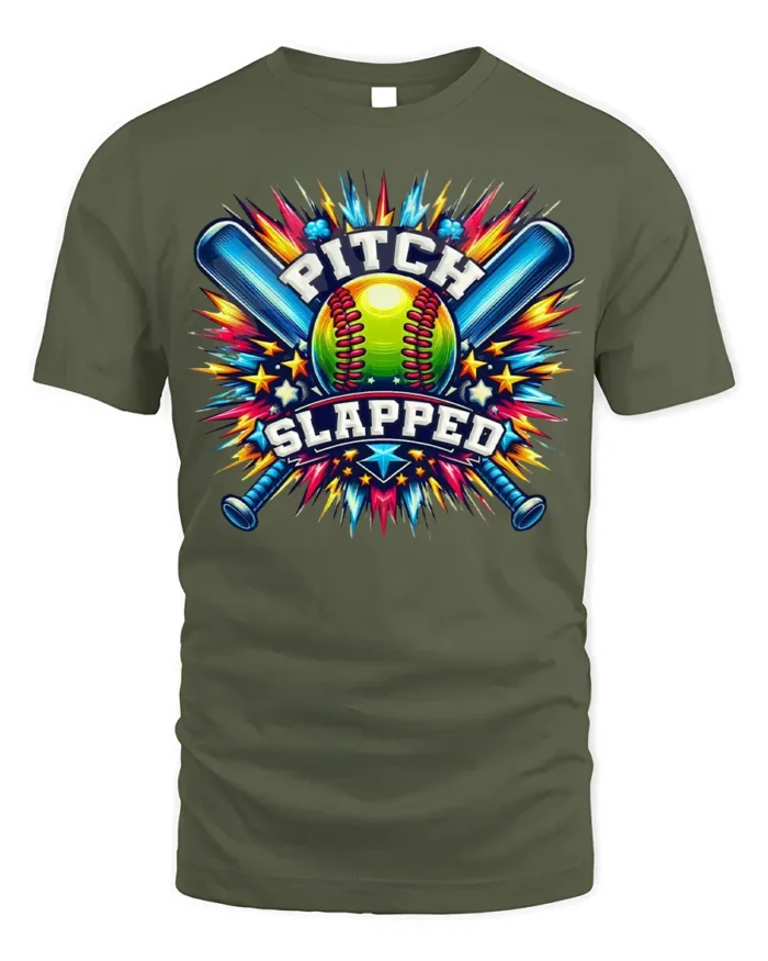 Funny Softball Pitch Slapped Graphic T-Shirt - military green t-shirt on white background