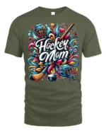 Colorful Hockey Mom Sports Graphic Print T-Shirt - military green t-shirt on white background