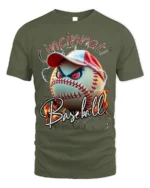 Cincinnati Baseball Angry Ball Graphic T-Shirt - military green t-shirt on white background