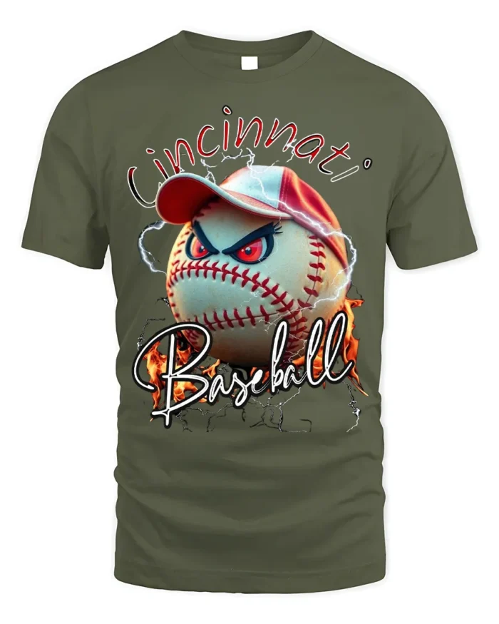 Cincinnati Baseball Angry Ball Graphic T-Shirt - military green t-shirt on white background