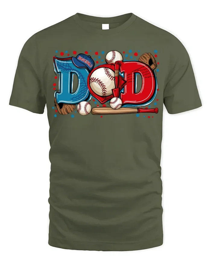 Baseball Dad Sports Glove and Bat Graphic T-Shirt - military green t-shirt on white background