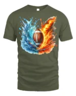 Fire and Water Football Splash Art Graphic T-Shirt - military green t-shirt on white background