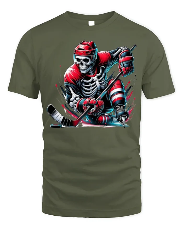 Skeleton Hockey Player Red Uniform Graphic T-Shirt - military green t-shirt on white background