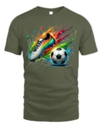 Colorful Soccer Shoe and Ball Splash Graphic T-Shirt - military green t-shirt on white background