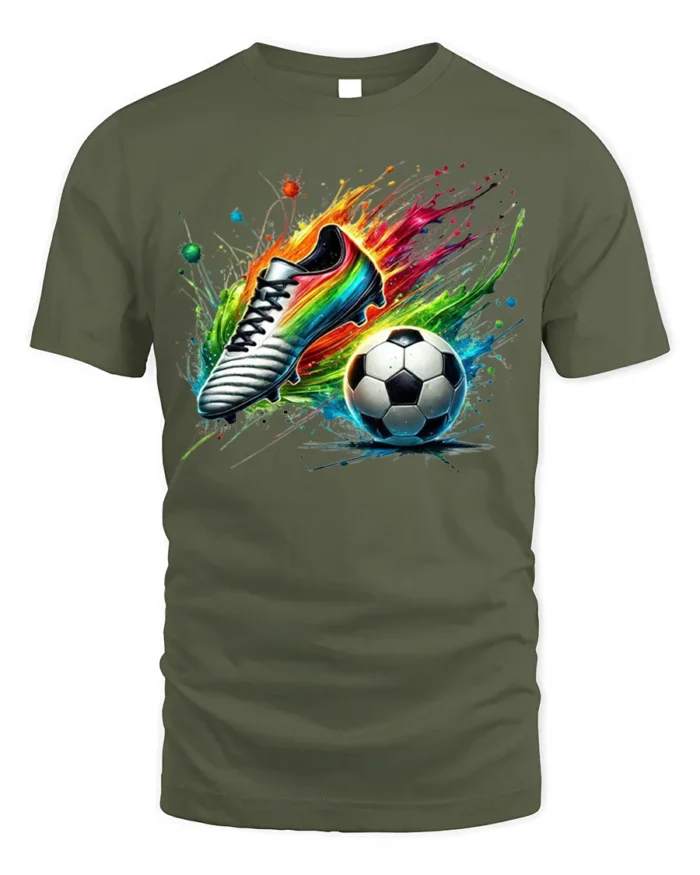 Colorful Soccer Shoe and Ball Splash Graphic T-Shirt - military green t-shirt on white background