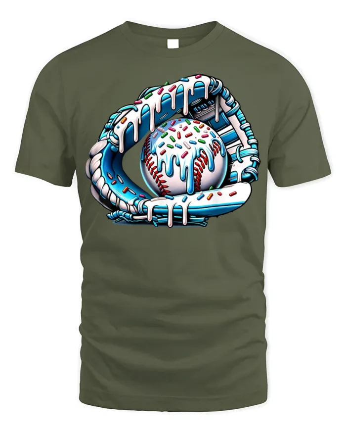 Ice Cream Baseball Glove and Ball Funny T-Shirt - military green t-shirt on white background