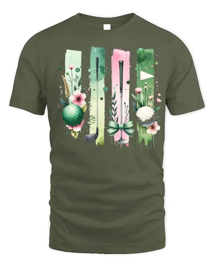 Floral Golf Ball and Club Art Graphic T-Shirt - military green t-shirt on white background