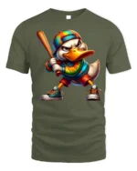 Cool Cartoon Duck Baseball Bat Graphic T-Shirt - military green t-shirt on white background