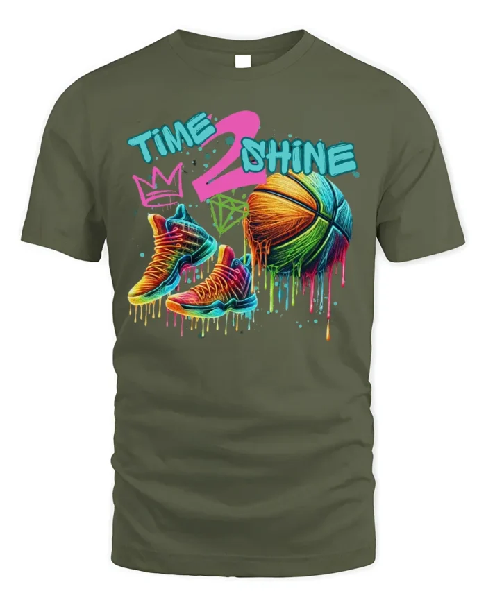 Colorful Basketball Shoes and Ball Graphic T-Shirt - military green t-shirt on white background