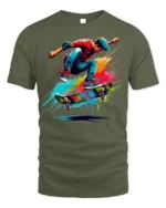 Colorful Skateboard Trick Splash Art Graphic T-Shirt - military green t-shirt on white background