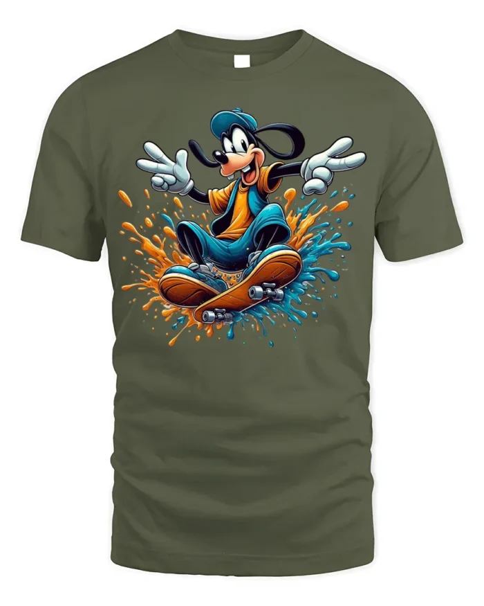 Cool Cartoon Dog Skateboard Splash Graphic T-Shirt - military green t-shirt on white background