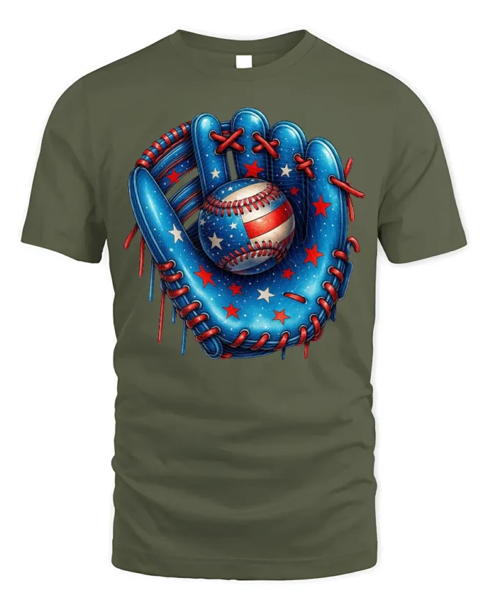 Patriotic Baseball Glove and Ball Graphic T-Shirt - military green t-shirt on white background