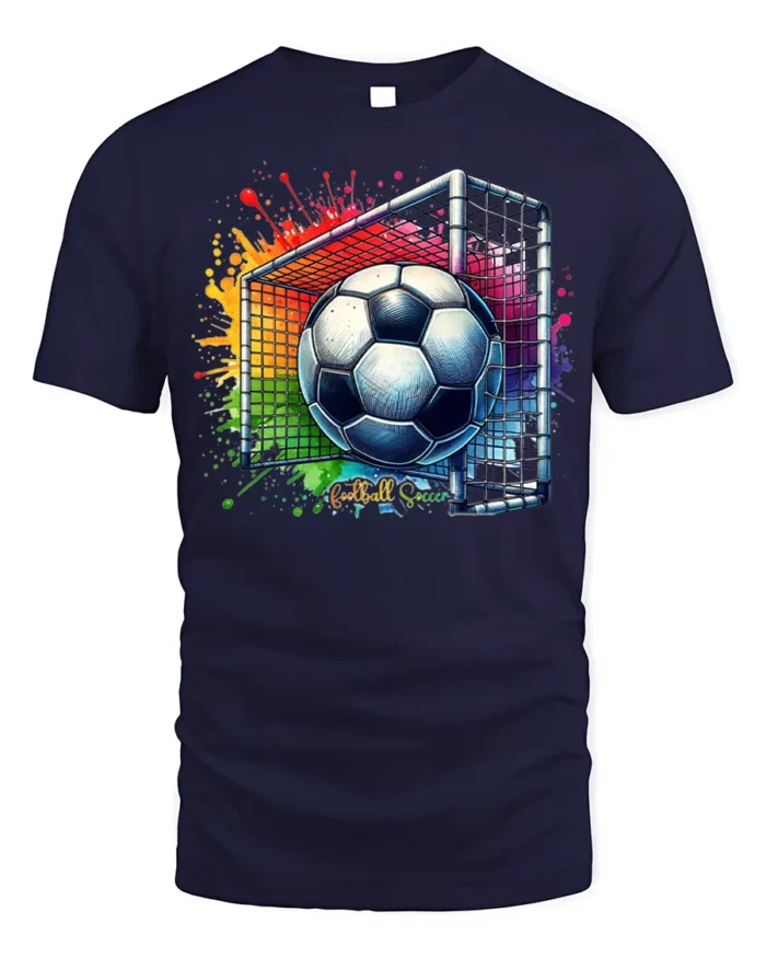 Colorful Soccer Goal Graphic T-Shirt for Fans - navy t-shirt on white background