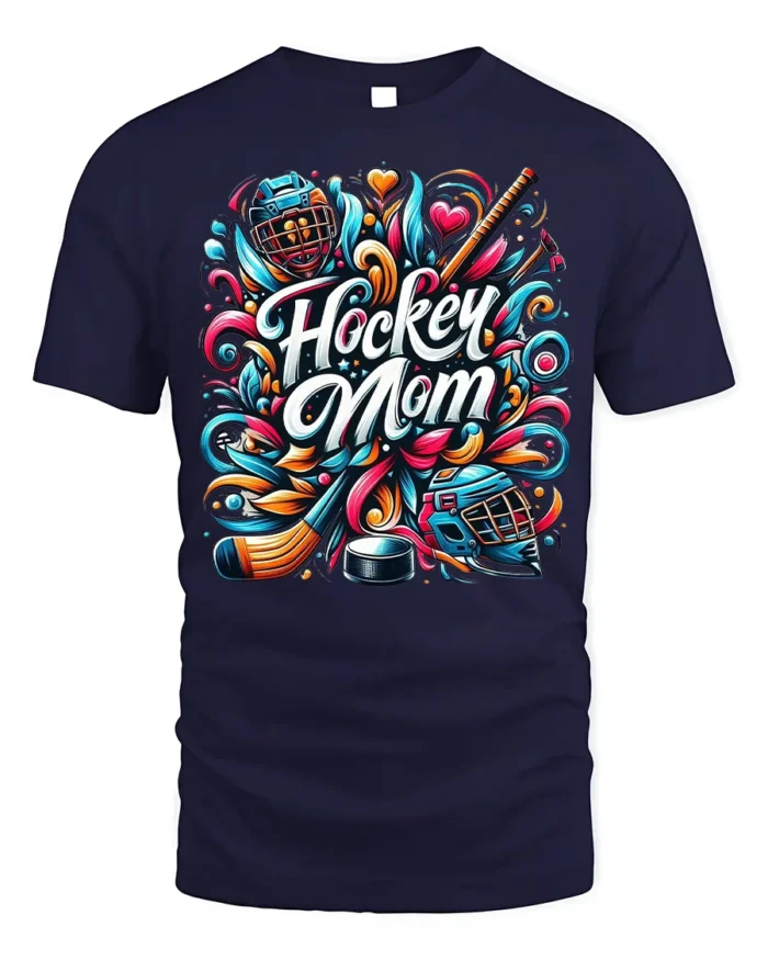 Colorful Hockey Mom Sports Graphic Print T-Shirt - navy t-shirt on white background