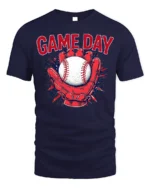 Game Day Baseball Glove and Ball Graphic T-Shirt - navy t-shirt on white background