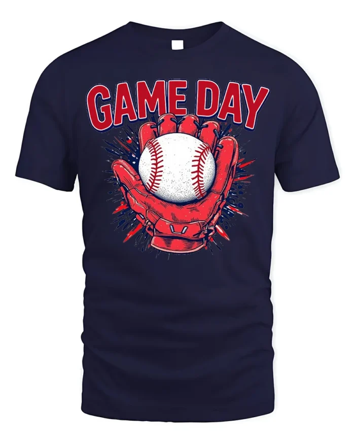 Game Day Baseball Glove and Ball Graphic T-Shirt - navy t-shirt on white background