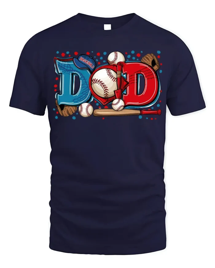 Baseball Dad Sports Glove and Bat Graphic T-Shirt - navy t-shirt on white background