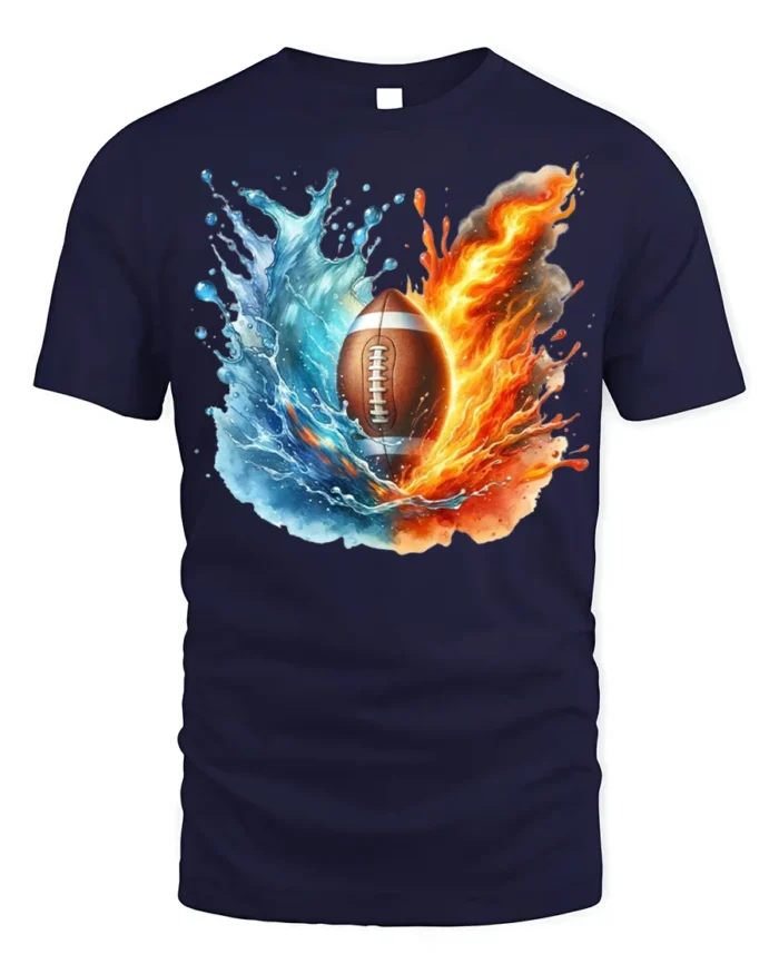 Fire and Water Football Splash Art Graphic T-Shirt - navy t-shirt on white background