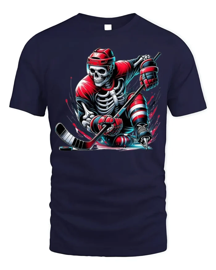 Skeleton Hockey Player Red Uniform Graphic T-Shirt - navy t-shirt on white background
