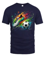 Colorful Soccer Shoe and Ball Splash Graphic T-Shirt - navy t-shirt on white background
