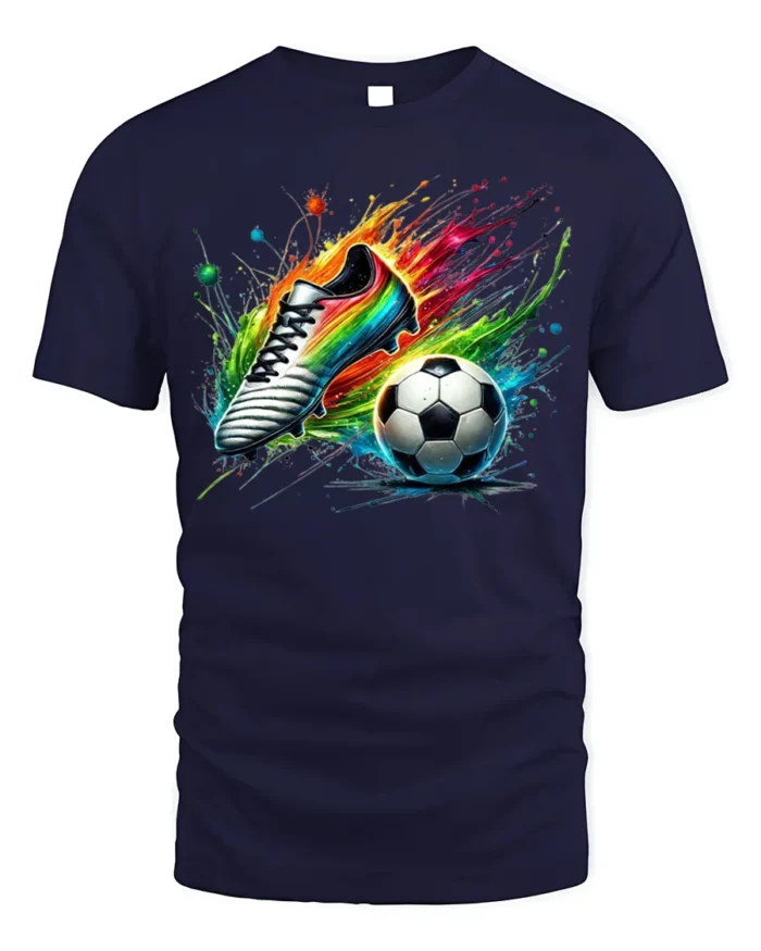 Colorful Soccer Shoe and Ball Splash Graphic T-Shirt - navy t-shirt on white background