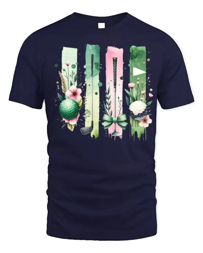 Floral Golf Ball and Club Art Graphic T-Shirt - navy t-shirt on white background