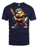 Cool Cartoon Duck Baseball Bat Graphic T-Shirt - navy t-shirt on white background