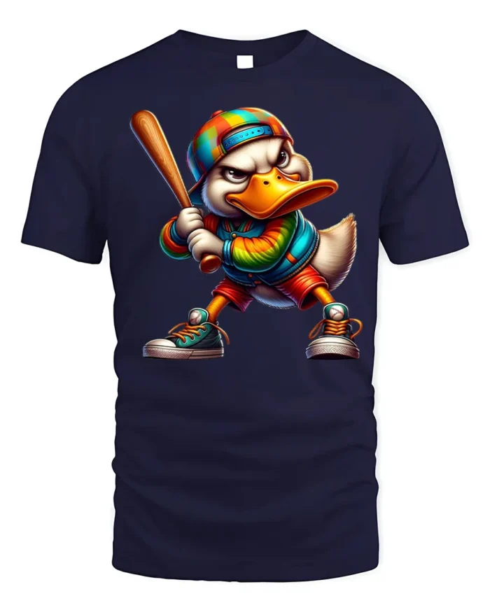 Cool Cartoon Duck Baseball Bat Graphic T-Shirt - navy t-shirt on white background
