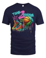 Colorful Basketball Shoes and Ball Graphic T-Shirt - navy t-shirt on white background