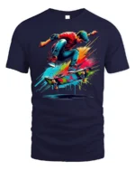 Colorful Skateboard Trick Splash Art Graphic T-Shirt - navy t-shirt on white background