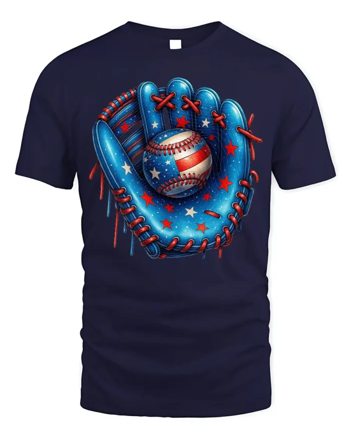 Patriotic Baseball Glove and Ball Graphic T-Shirt - navy t-shirt on white background