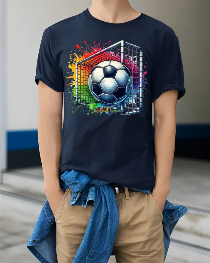 Colorful Soccer Goal Graphic T-Shirt for Fans - model wearing navy shirt, hands in pockets